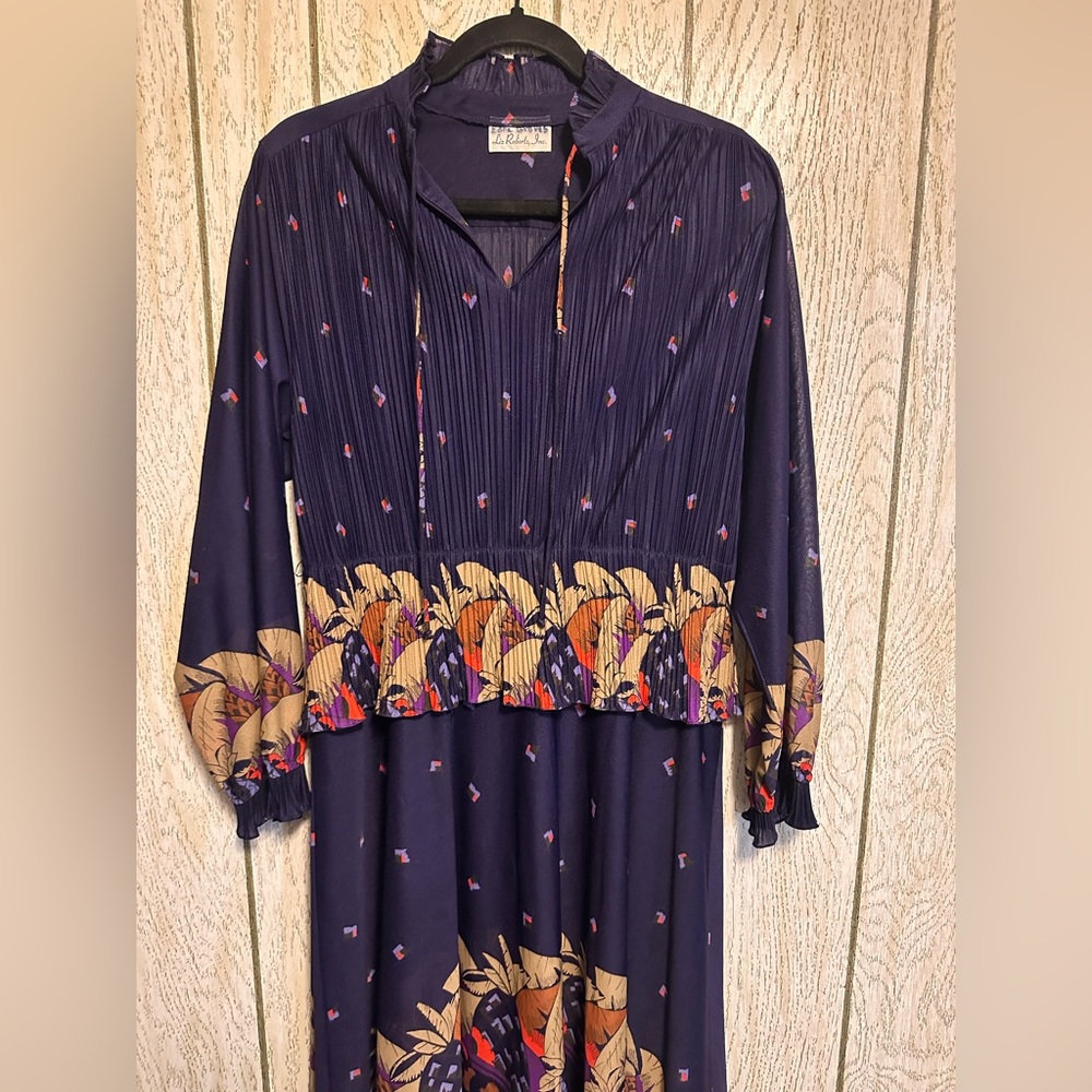 Vintage 70s Purple Printed Peplum Long Sleeve Dress